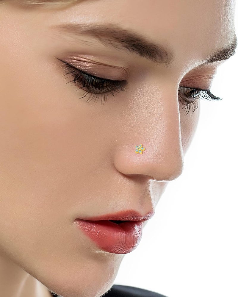 Tornito 9Pcs Nose Rings Stud L Bone Screw Shaped Nose Ring Flower CZ Snowflake Butterfly Screw Nose Stud Body Piercing Jewelry for Women Men 20G Silver Gold Rose Gold Tone - Image 5